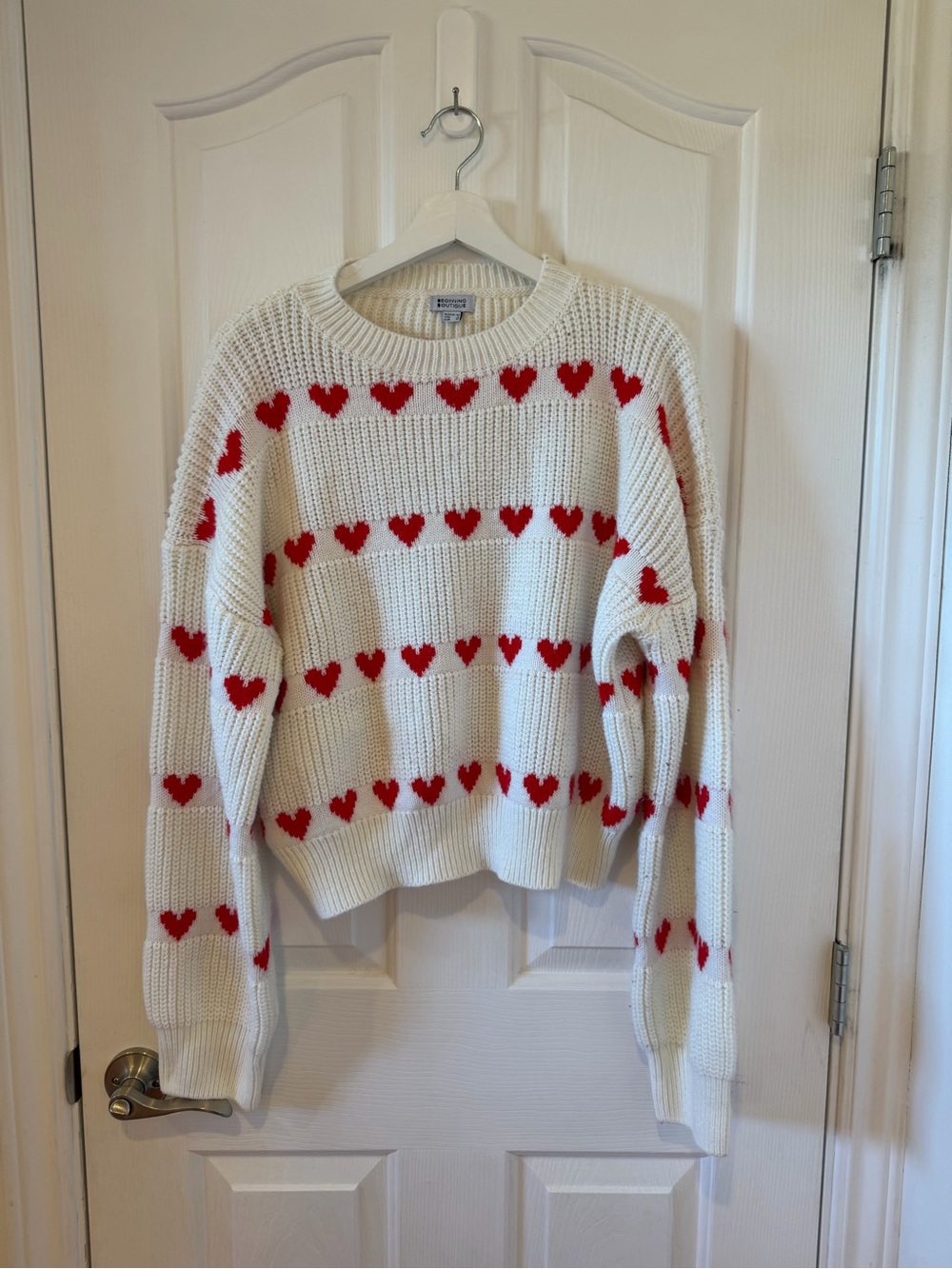 Beginning Boutique Cream Sweater with Red Heart Stripes
